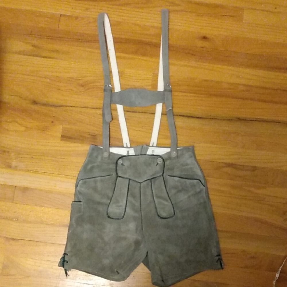 Premium Authentic German Lederhosen Genuine grey suede with green trim embroider